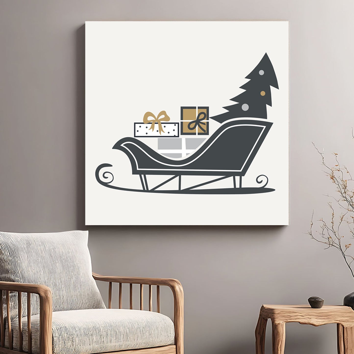modern sleigh and gift Christmas wall art illustration