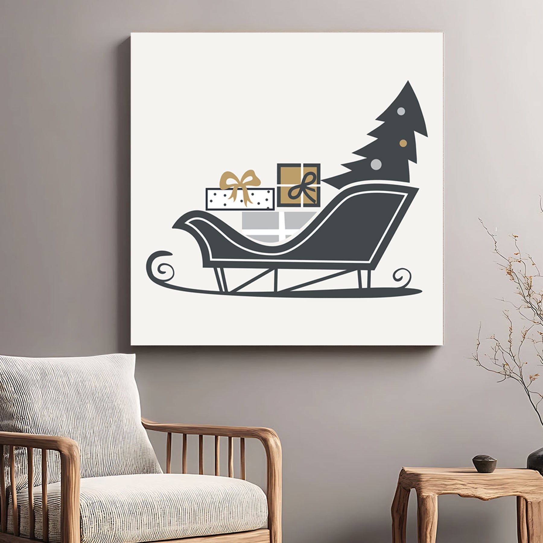 modern sleigh and gift Christmas wall art illustration
