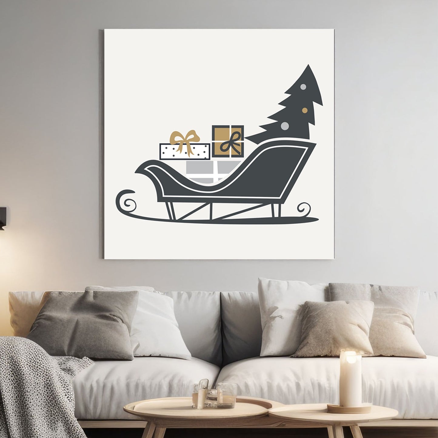 modern sleigh and gift Christmas wall art illustration