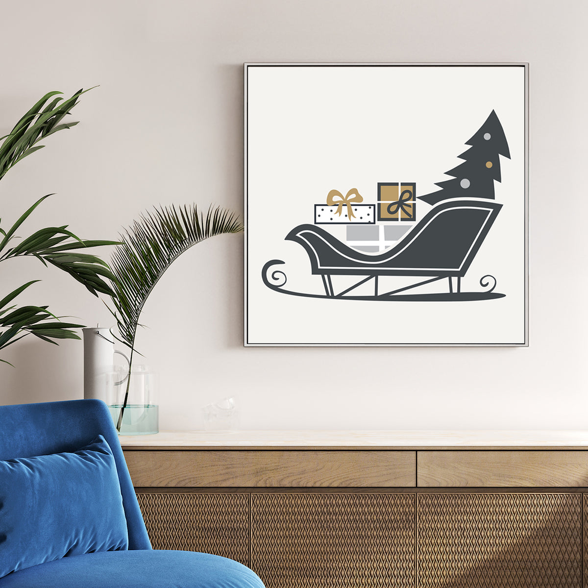 modern sleigh and gift Christmas wall art illustration
