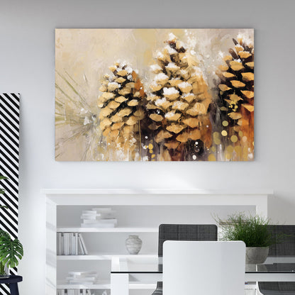 rustic pinecone winter wall art print with snowy texture