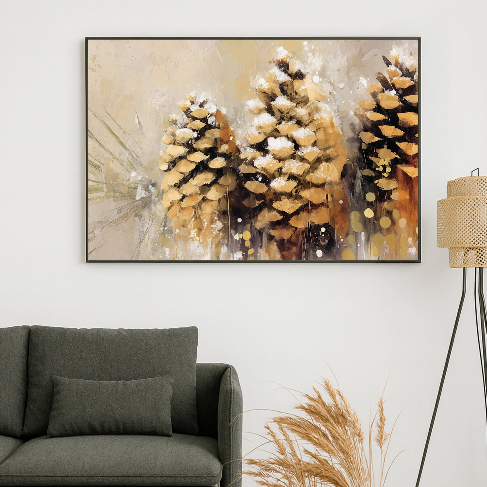 rustic pinecone winter wall art print with snowy texture