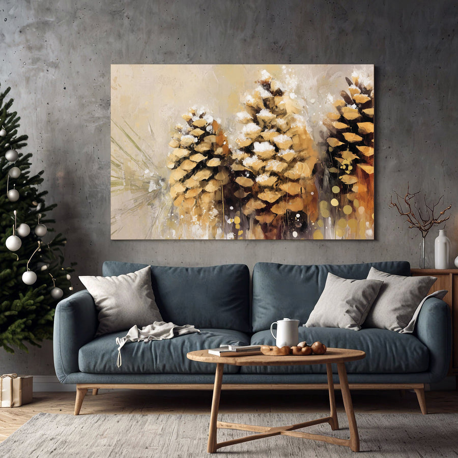 rustic pinecone winter wall art print with snowy texture