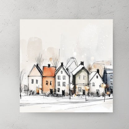 minimalist snowy village wall art sketch print