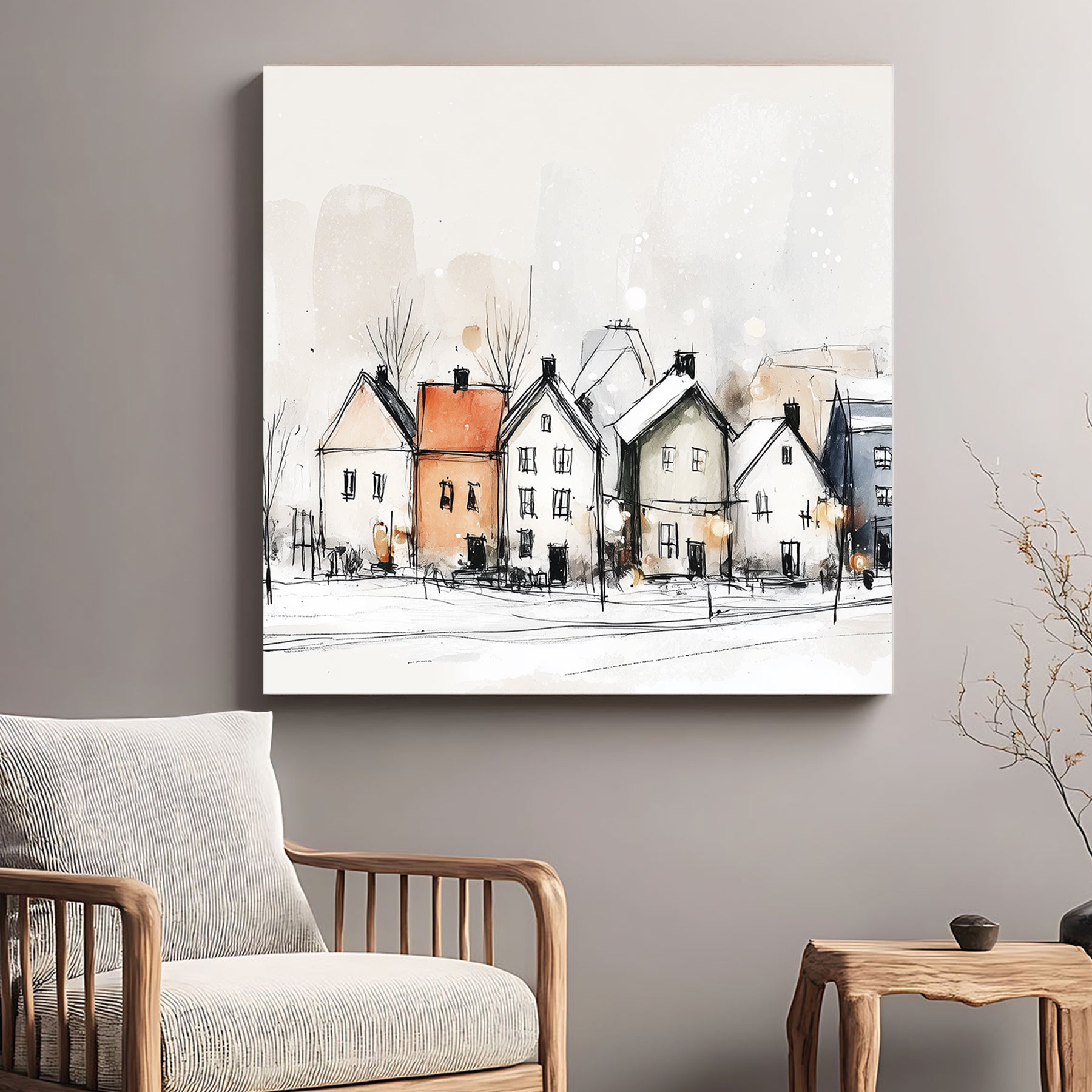 minimalist snowy village wall art sketch print