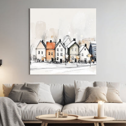 minimalist snowy village wall art sketch print