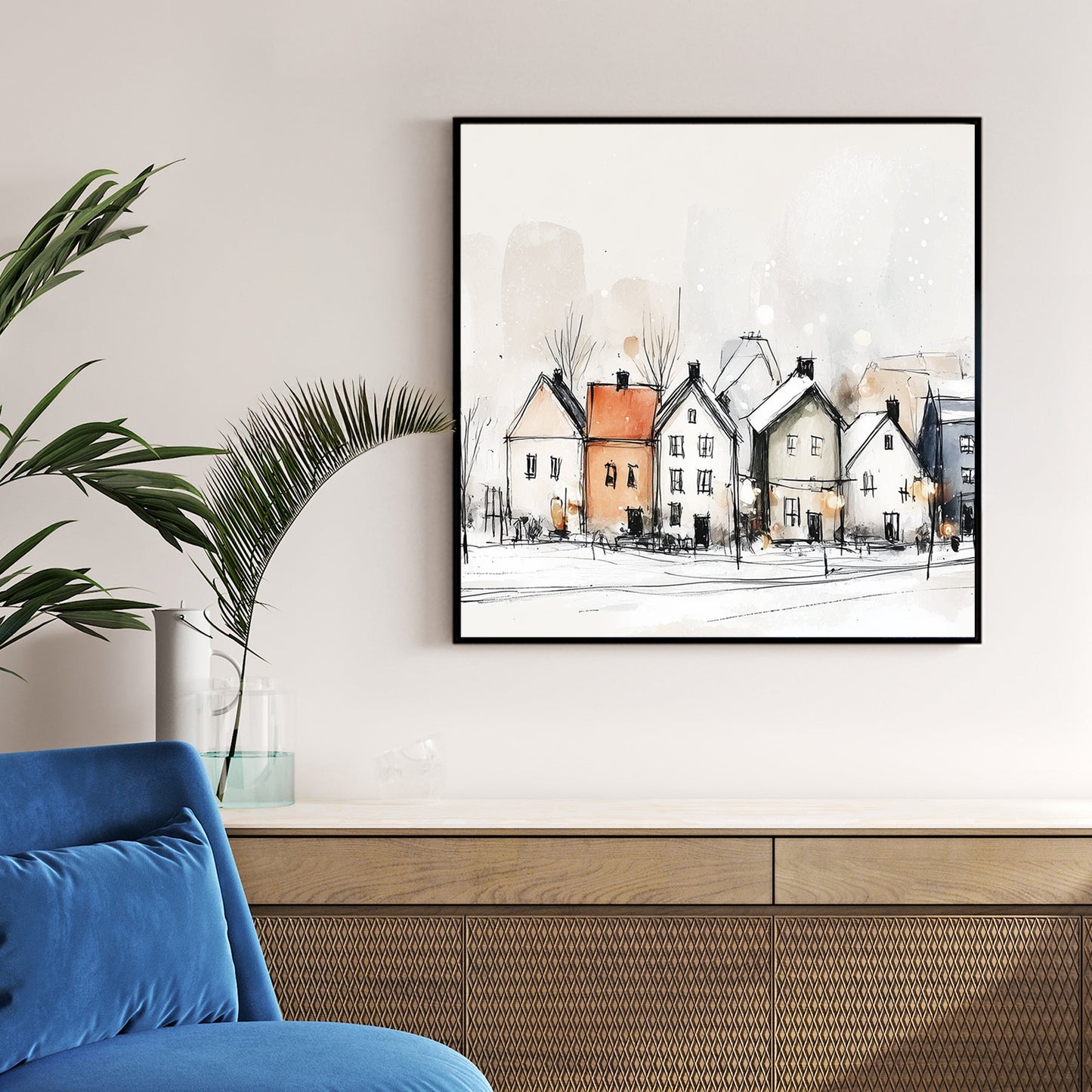 minimalist snowy village wall art sketch print