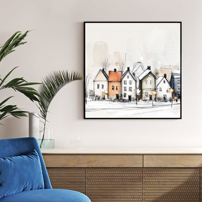 minimalist snowy village wall art sketch print