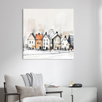 minimalist snowy village wall art sketch print