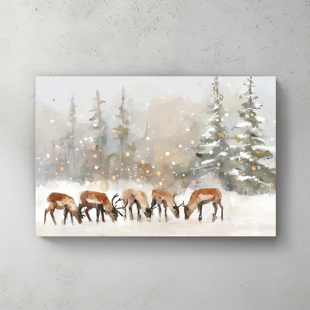 serene reindeer winter scene wall art with snow and trees
