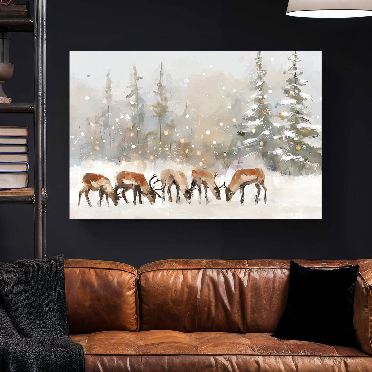 serene reindeer winter scene wall art with snow and trees