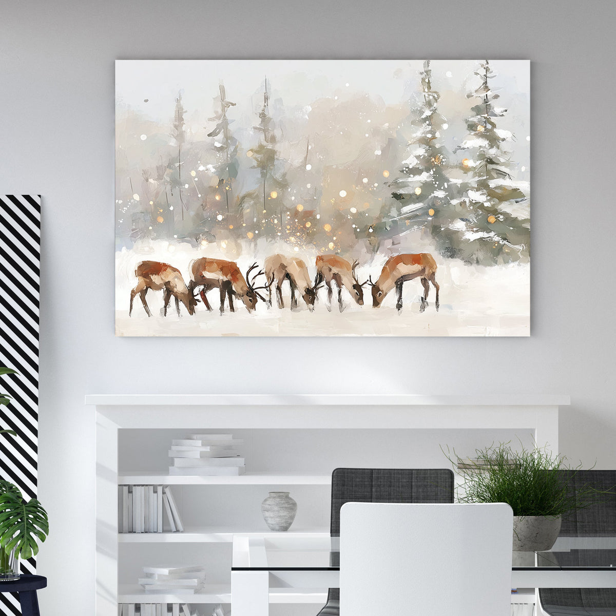serene reindeer winter scene wall art with snow and trees