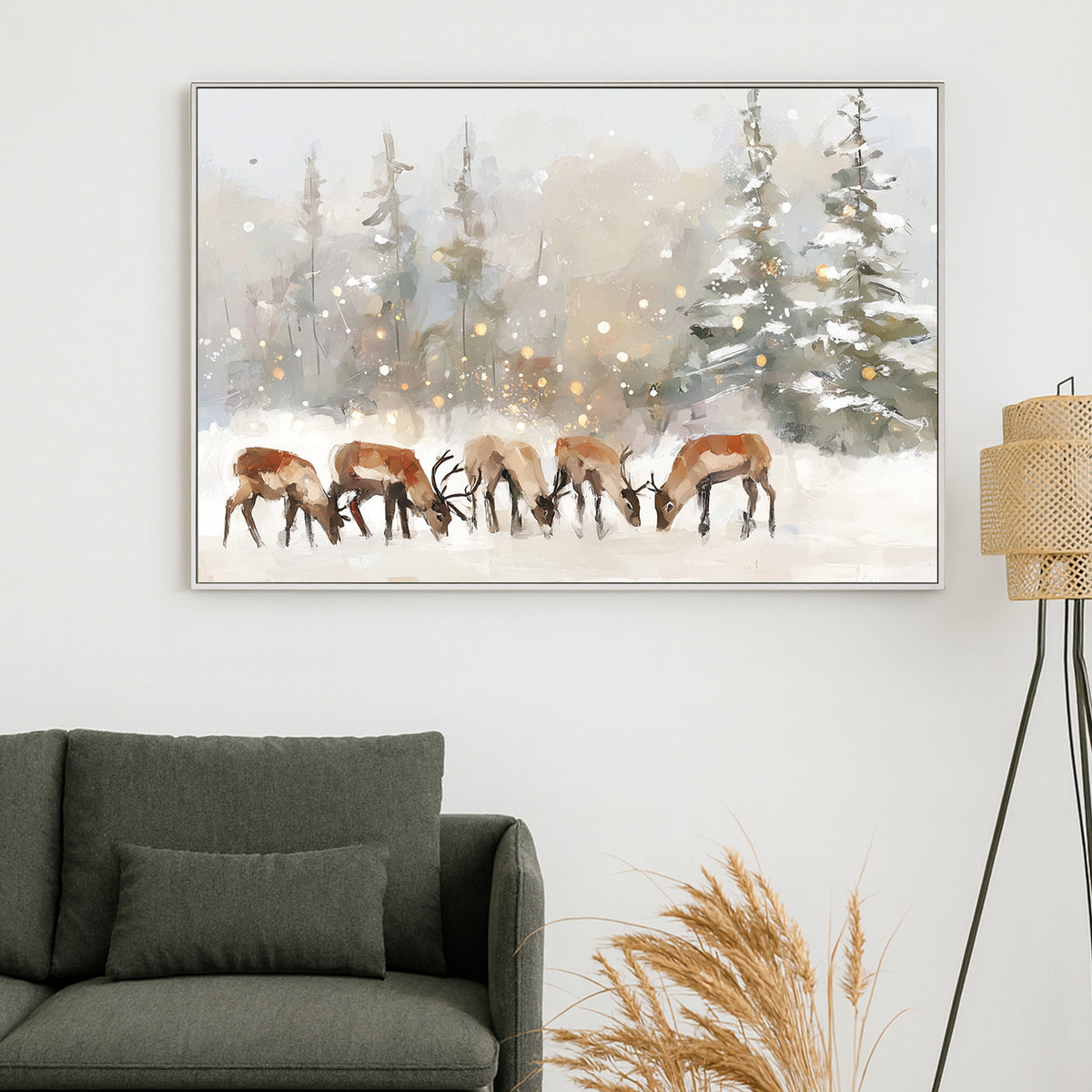 serene reindeer winter scene wall art with snow and trees