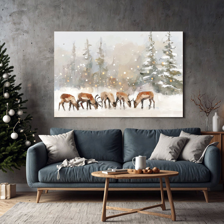 serene reindeer winter scene wall art with snow and trees