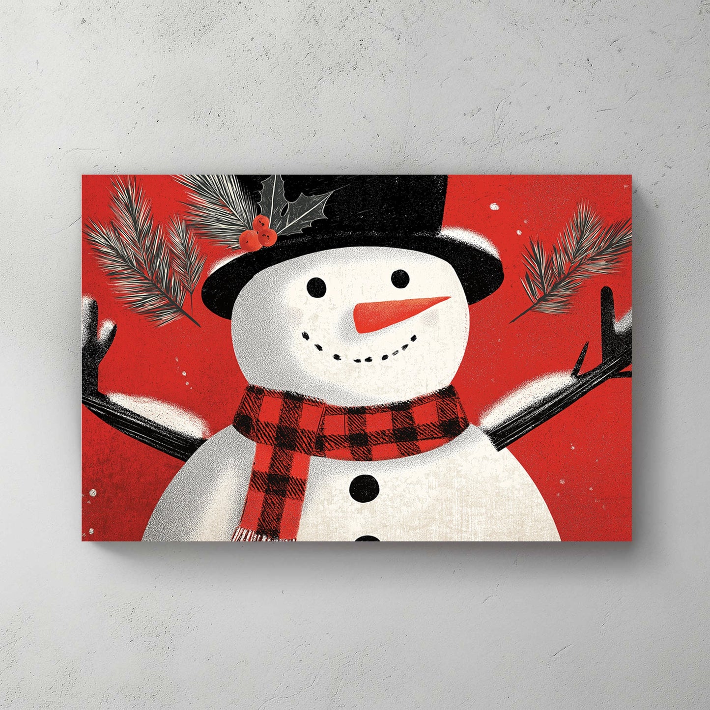 cheerful snowman holiday wall art on red background
