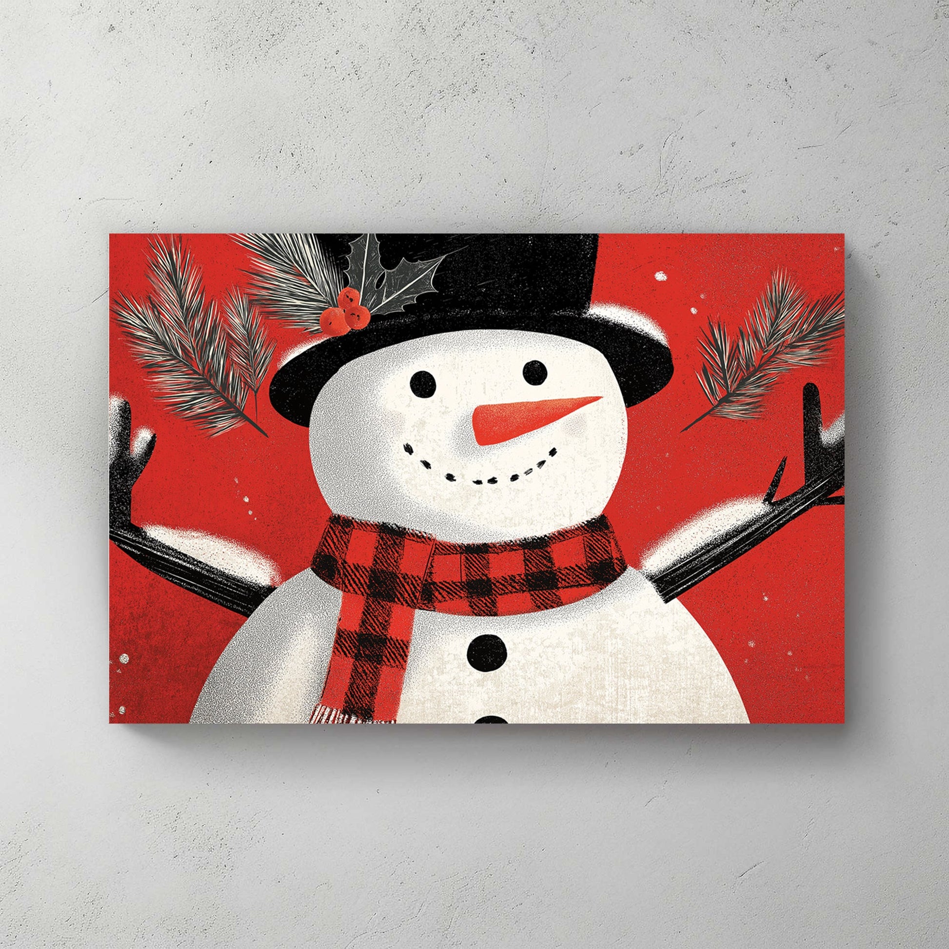 cheerful snowman holiday wall art on red background