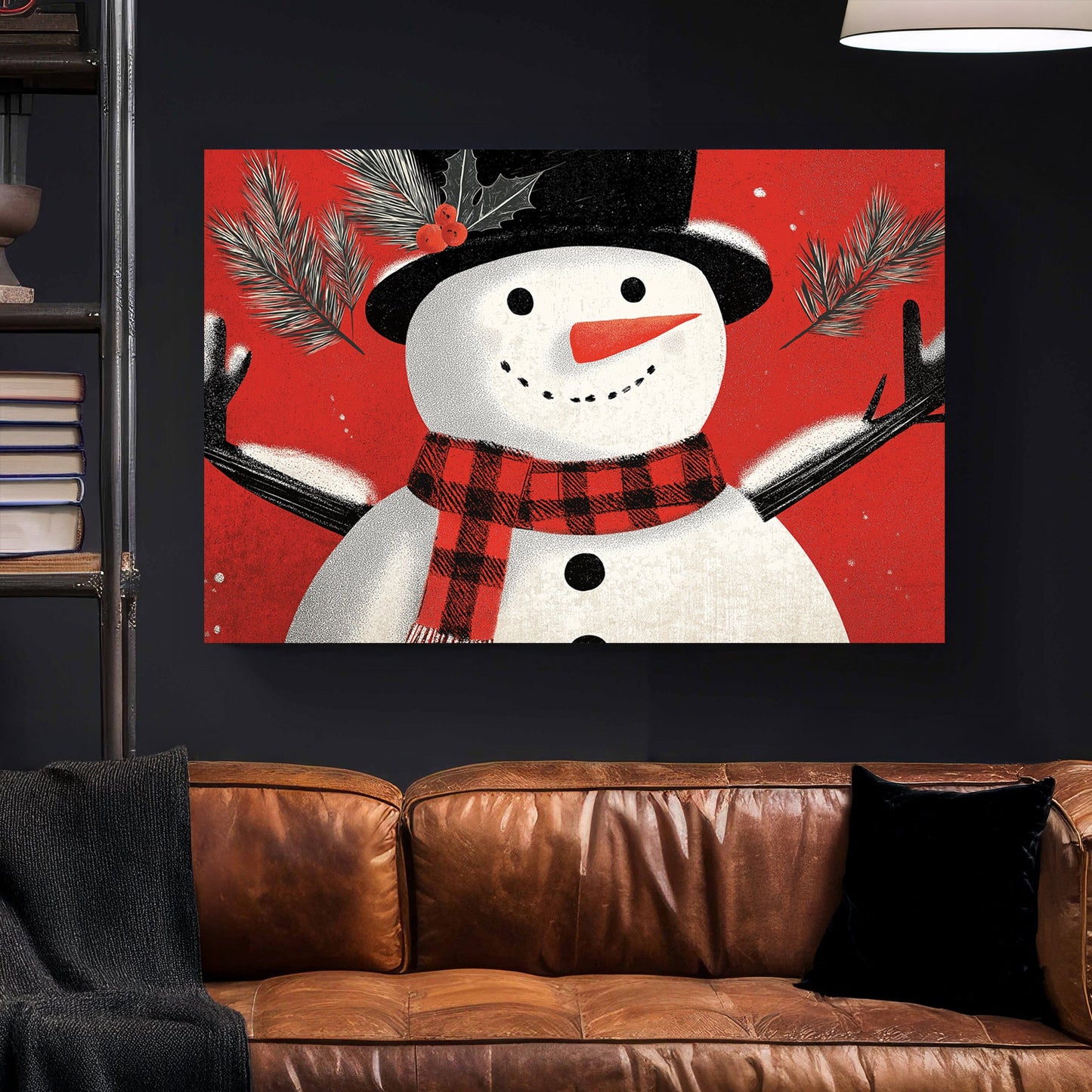 cheerful snowman holiday wall art on red background