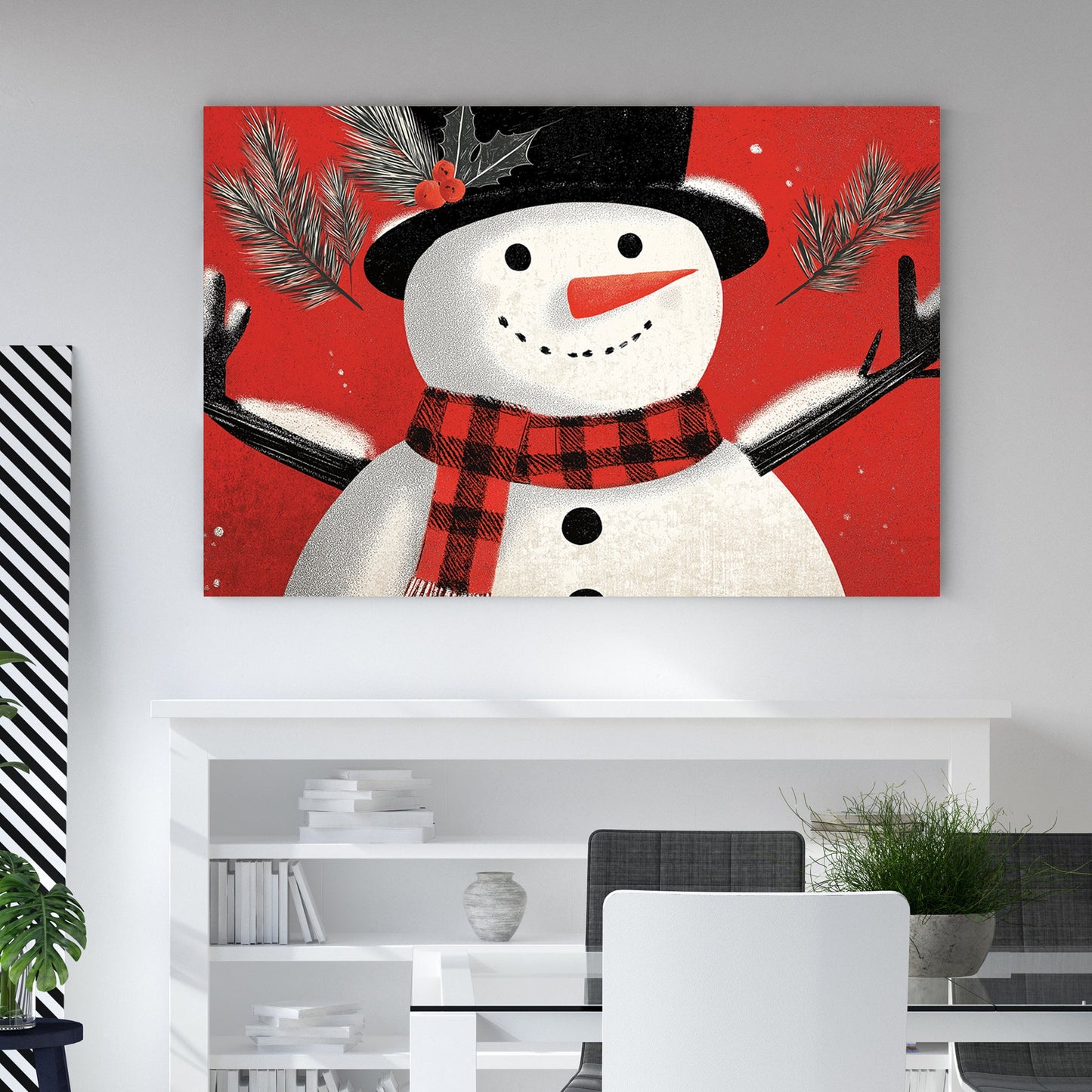 cheerful snowman holiday wall art on red background