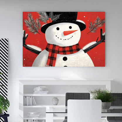 cheerful snowman holiday wall art on red background