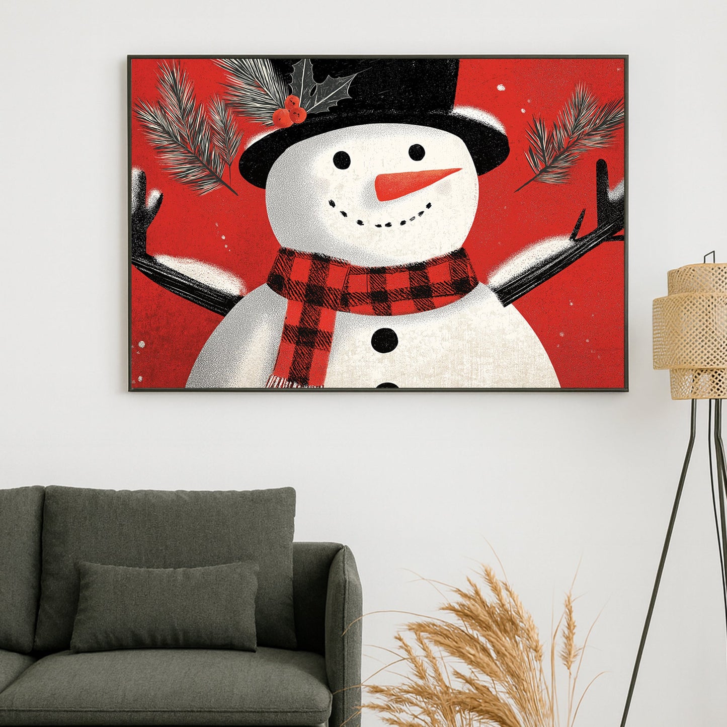 cheerful snowman holiday wall art on red background