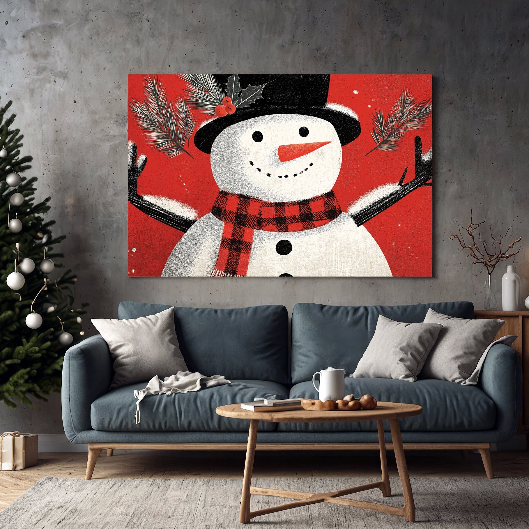 cheerful snowman holiday wall art on red background