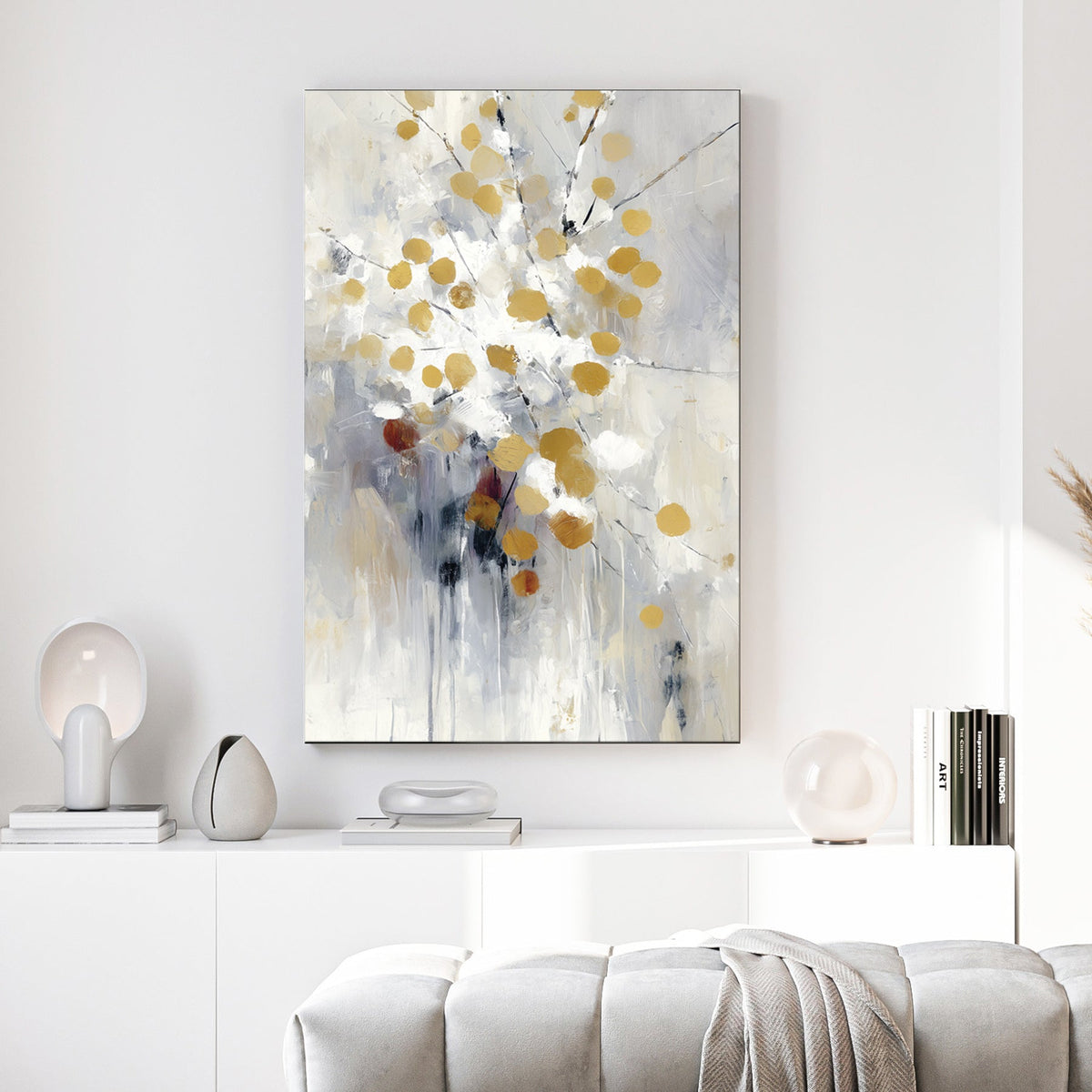 abstract gold and white wall art with modern brushstrokes