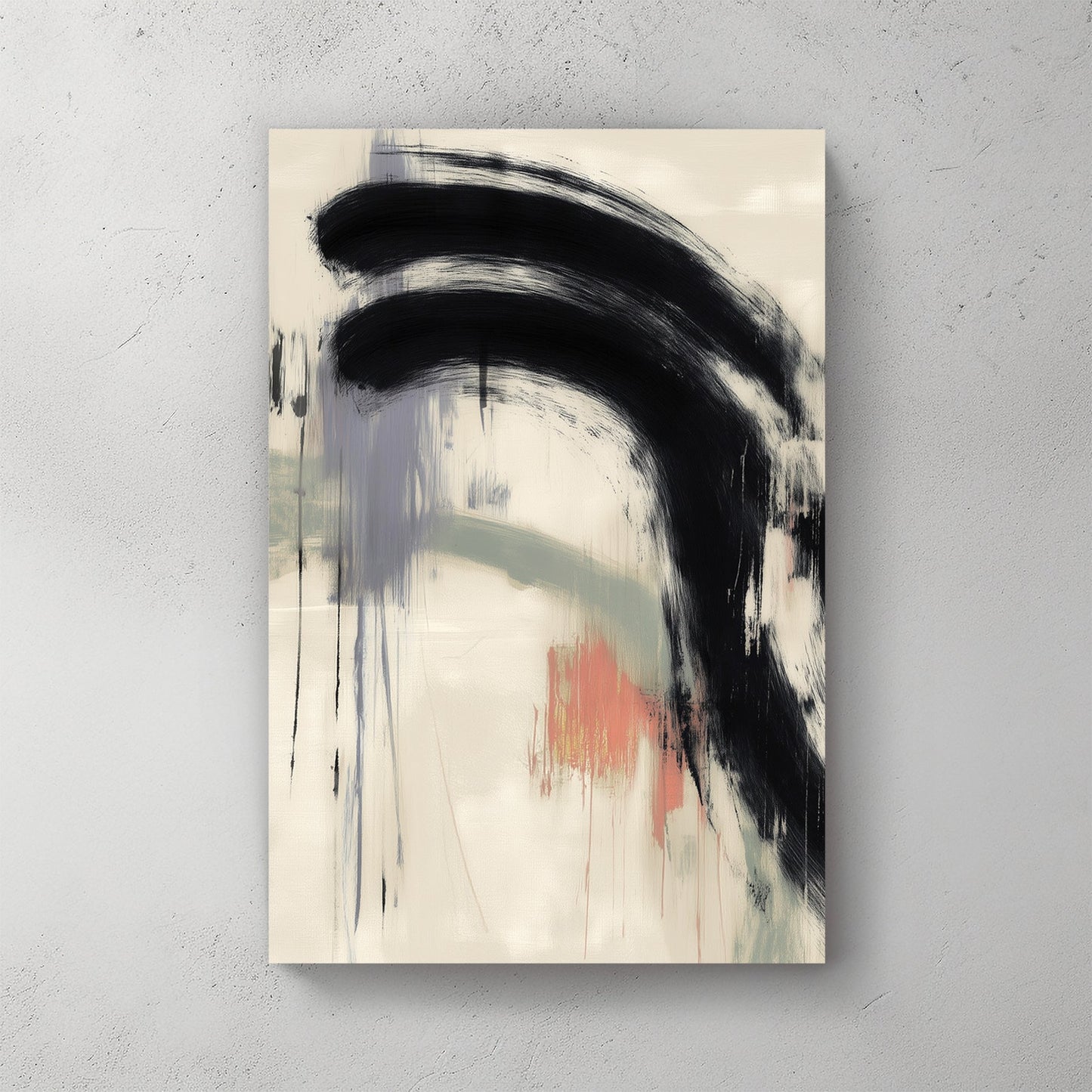 minimalist abstract wall art with bold black brushstroke and muted colors