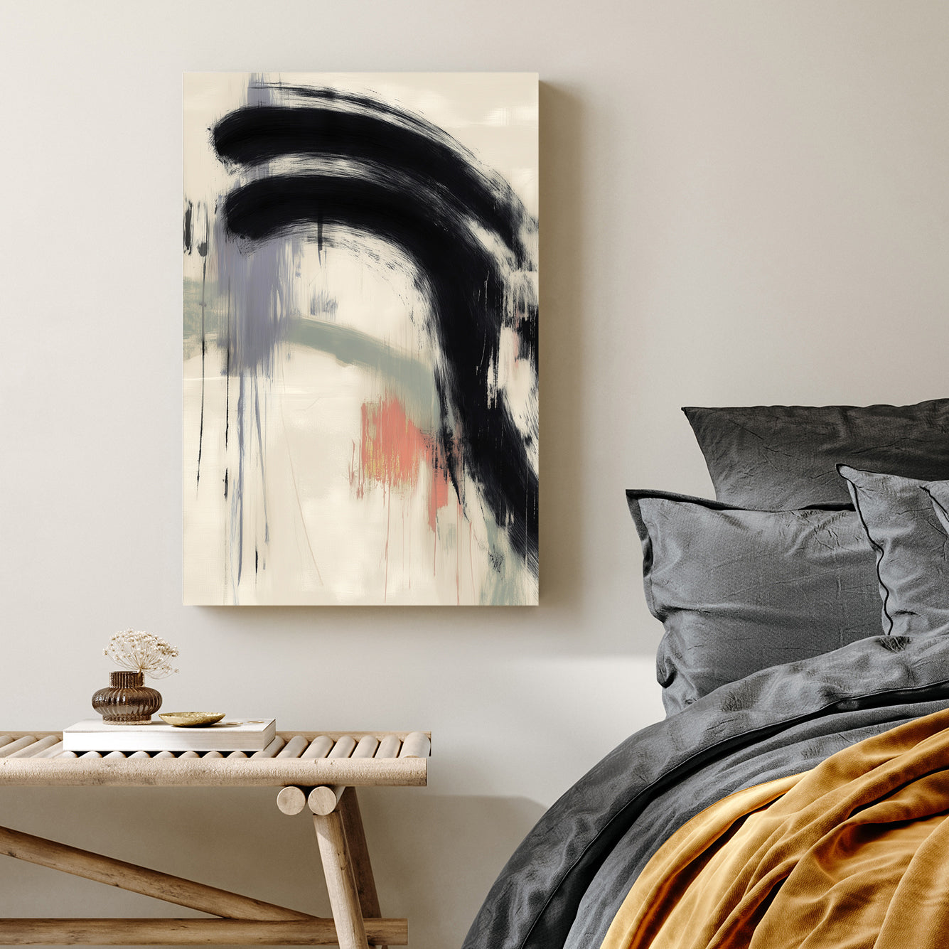 minimalist abstract wall art with bold black brushstroke and muted colors