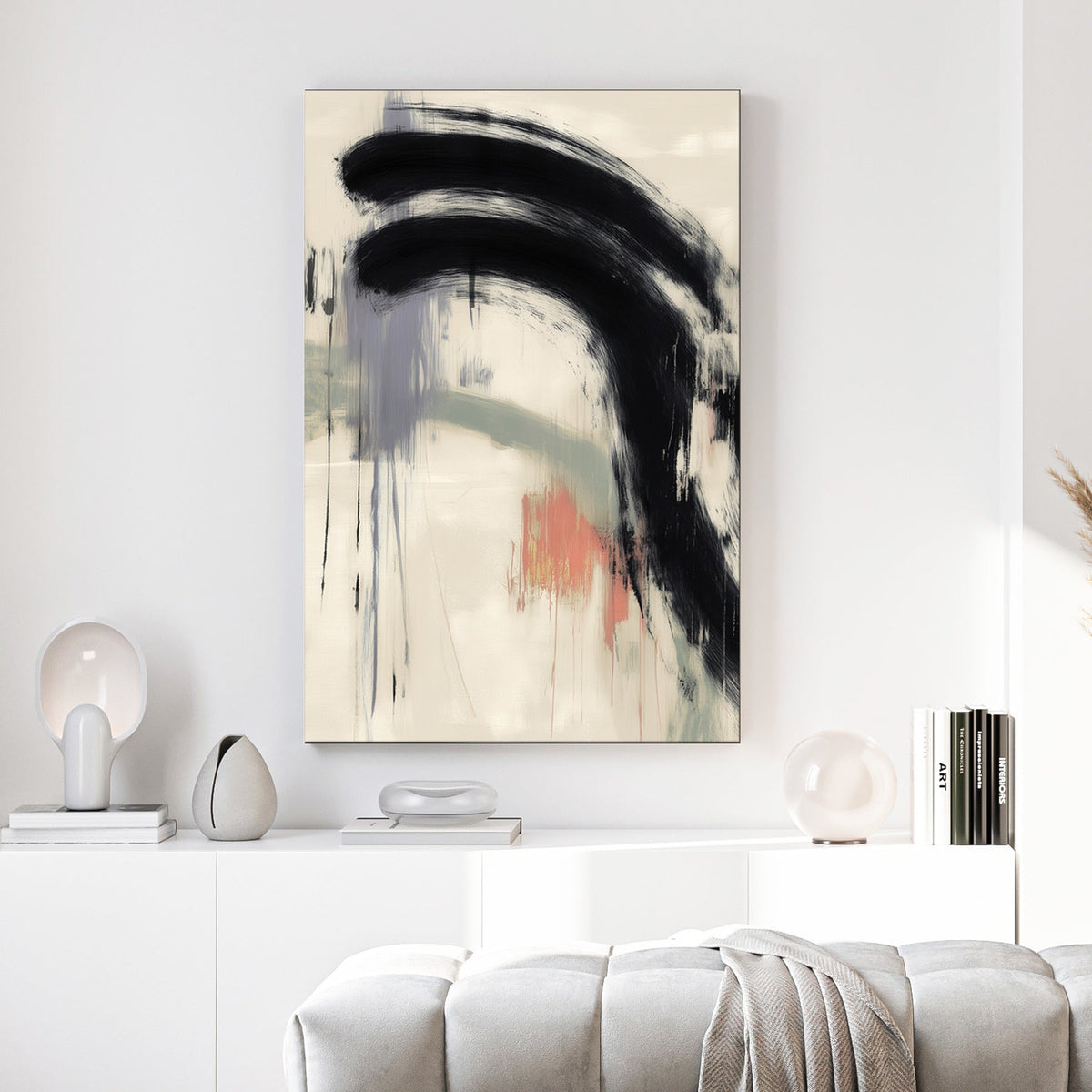 minimalist abstract wall art with bold black brushstroke and muted colors
