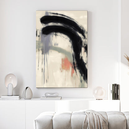 minimalist abstract wall art with bold black brushstroke and muted colors