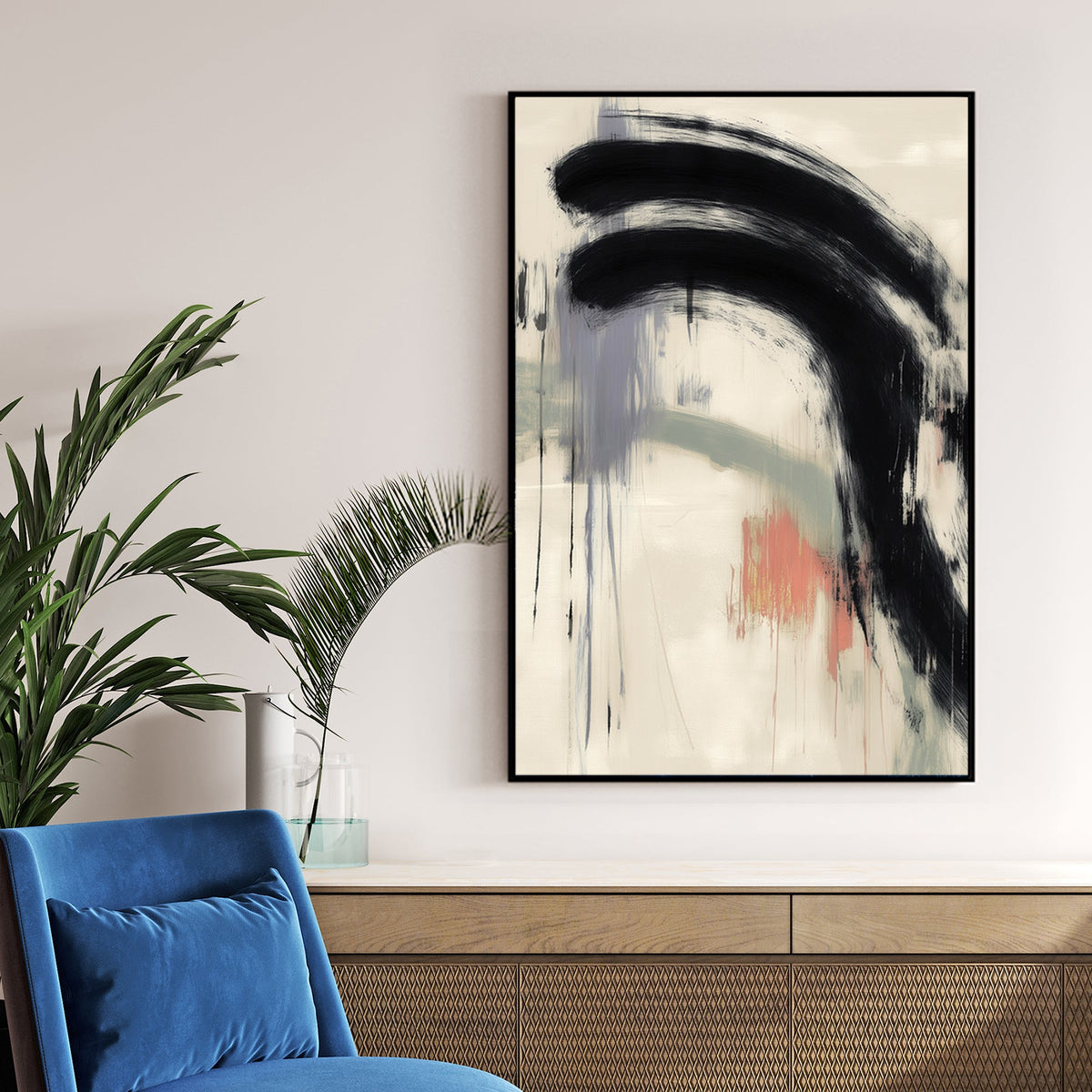 minimalist abstract wall art with bold black brushstroke and muted colors