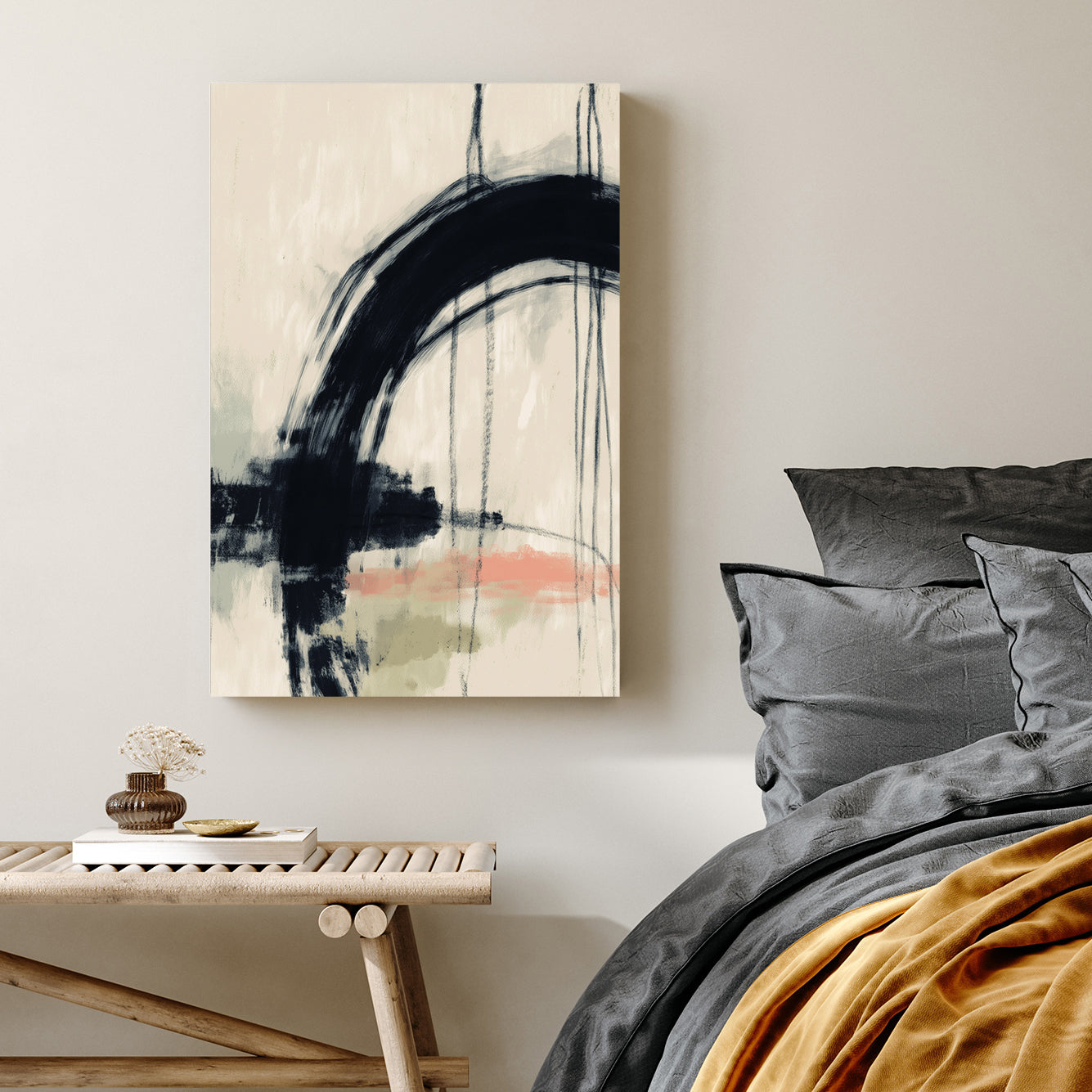 abstract minimalist wall art with black arc and soft muted colors
