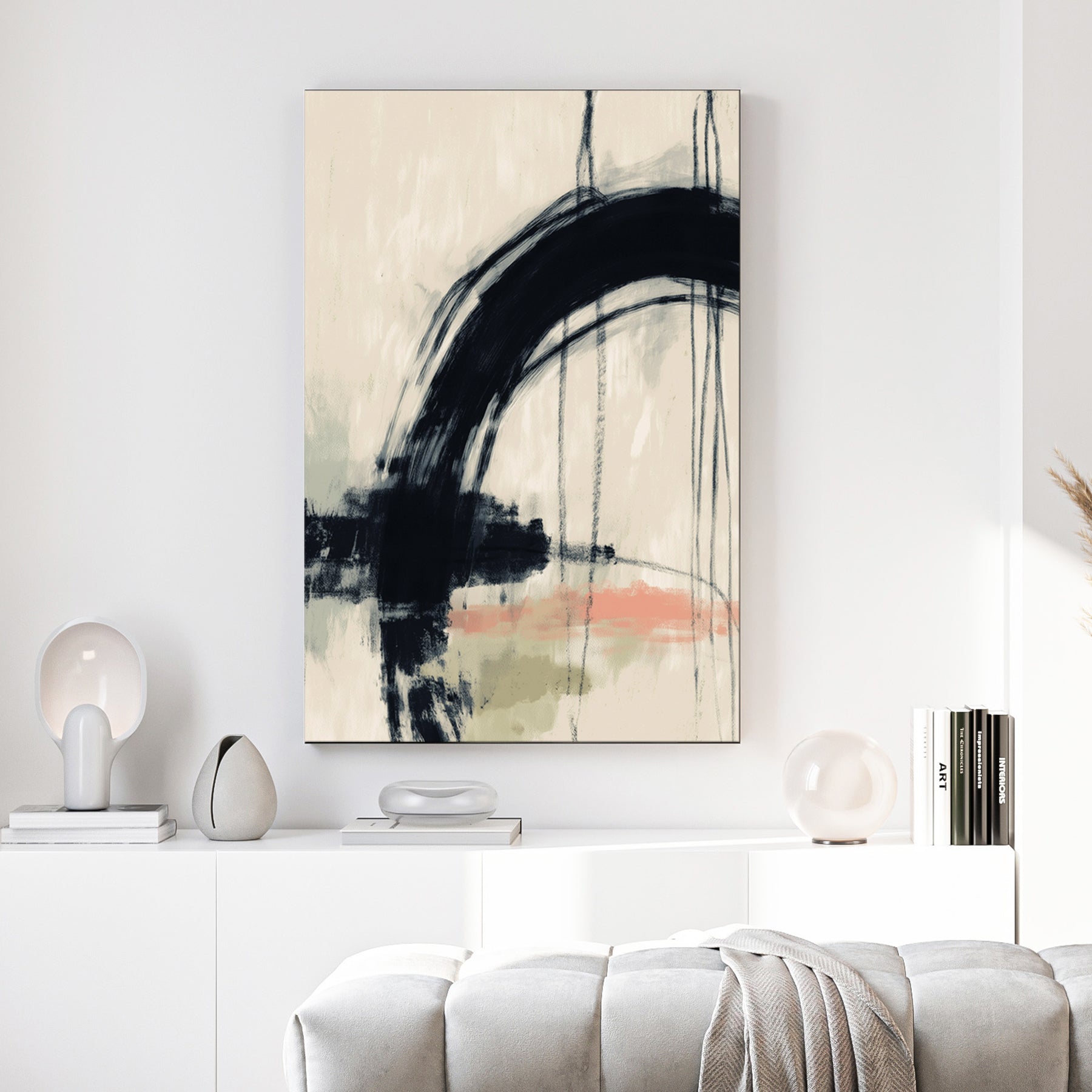 abstract minimalist wall art with black arc and soft muted colors