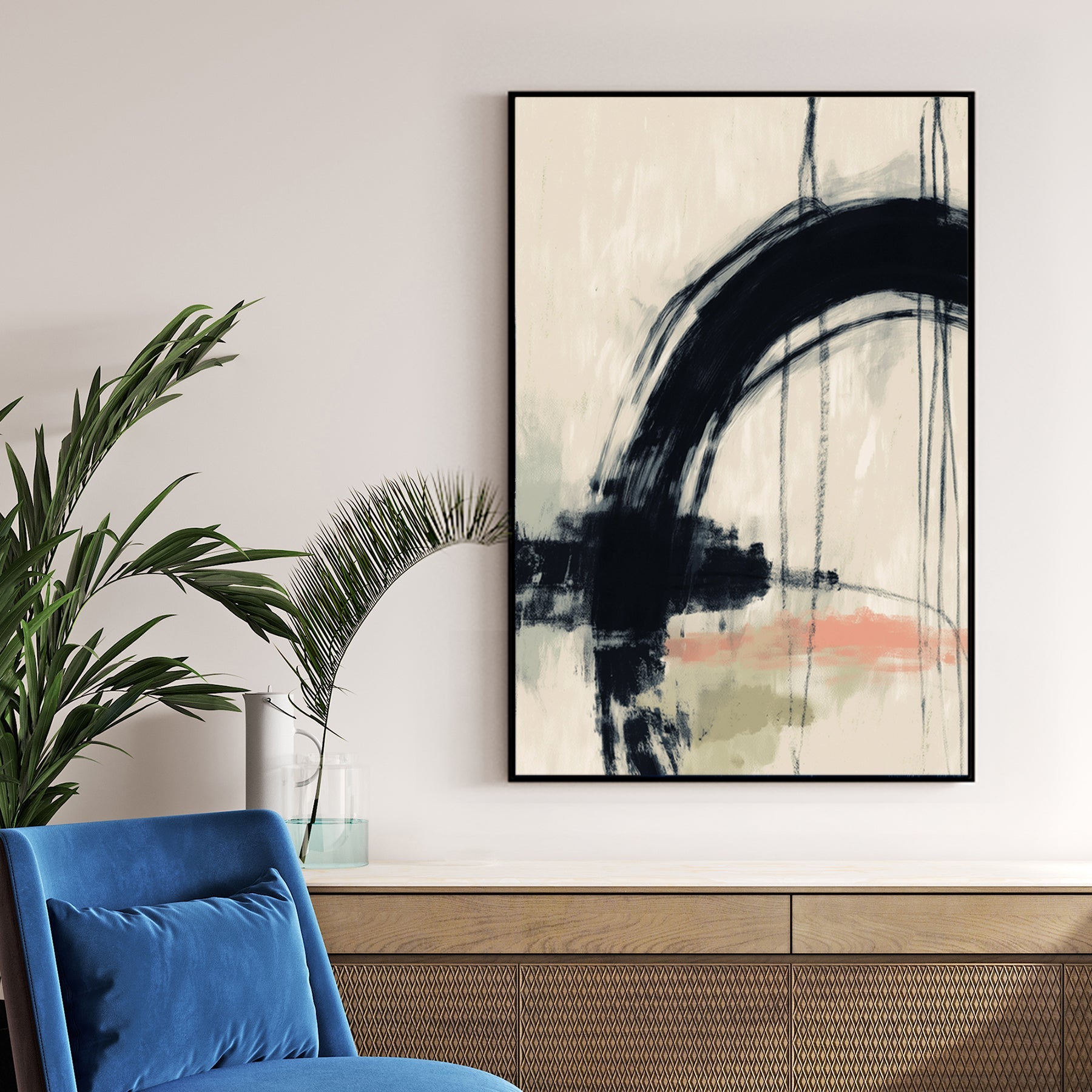 abstract minimalist wall art with black arc and soft muted colors