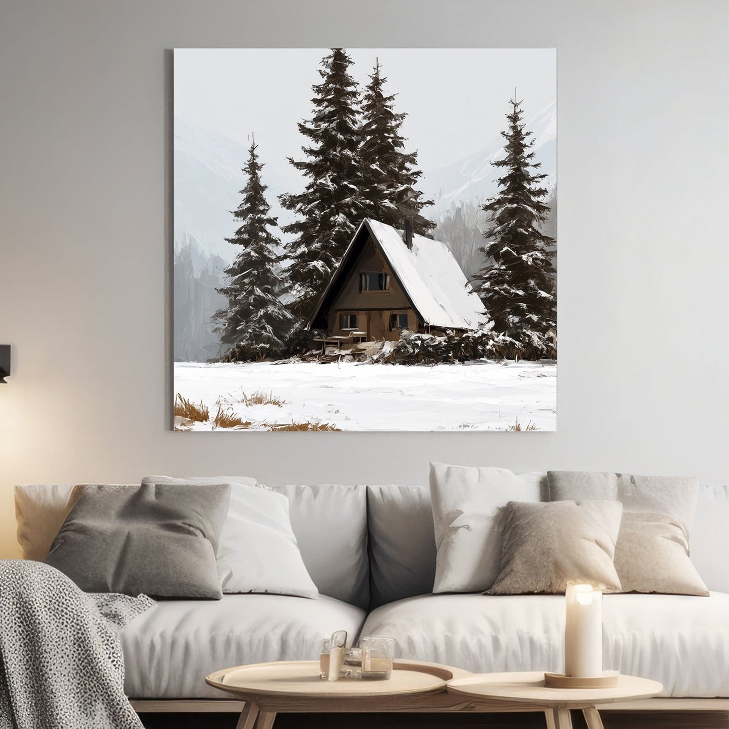 winter cabin wall art in snowy forest landscape