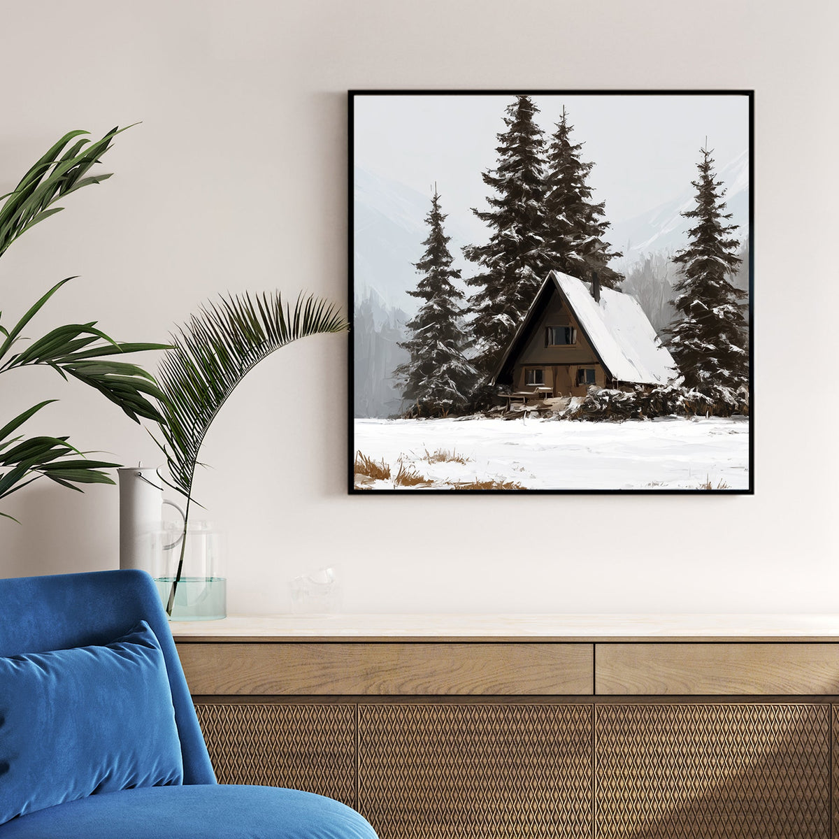 winter cabin wall art in snowy forest landscape
