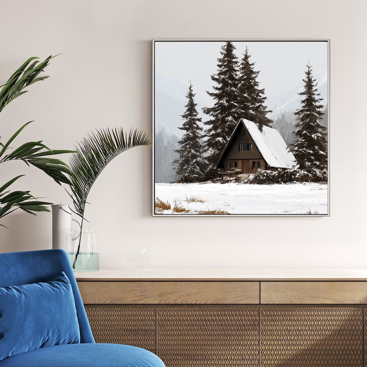 winter cabin wall art in snowy forest landscape