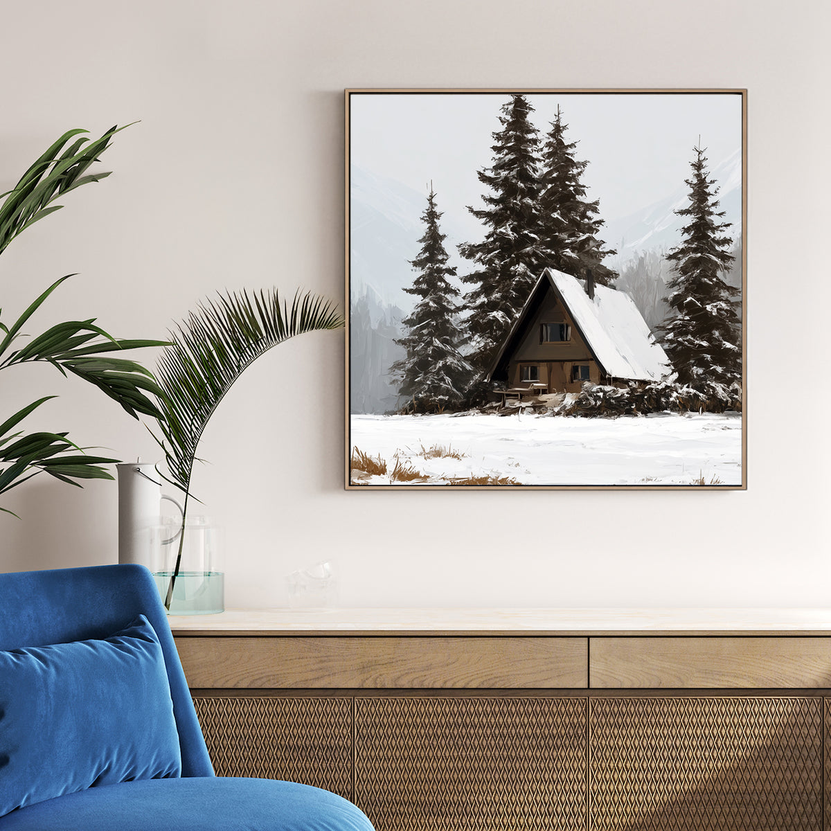 winter cabin wall art in snowy forest landscape