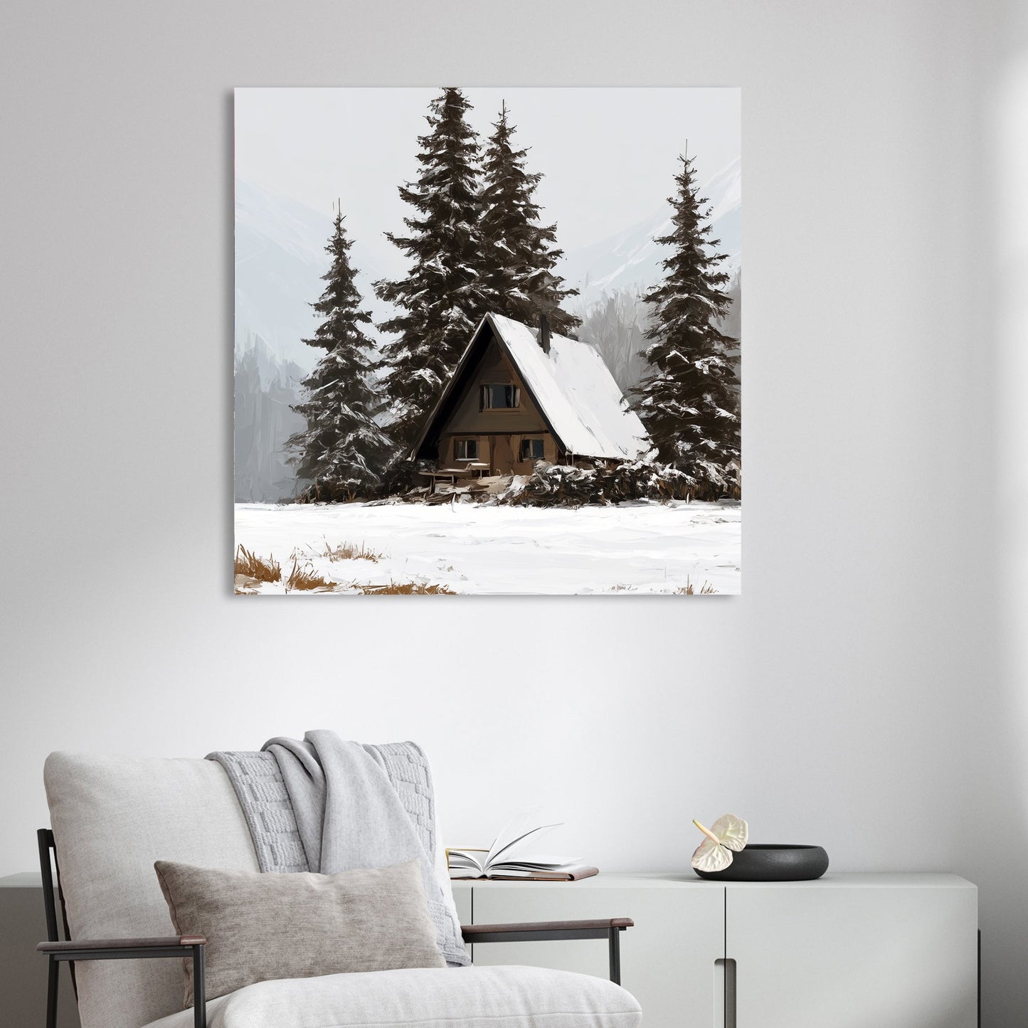 winter cabin wall art in snowy forest landscape