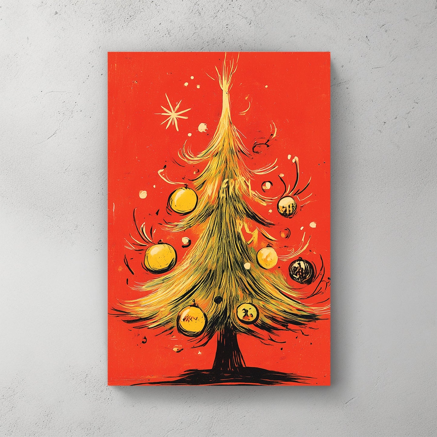 retro Christmas tree wall art on red background