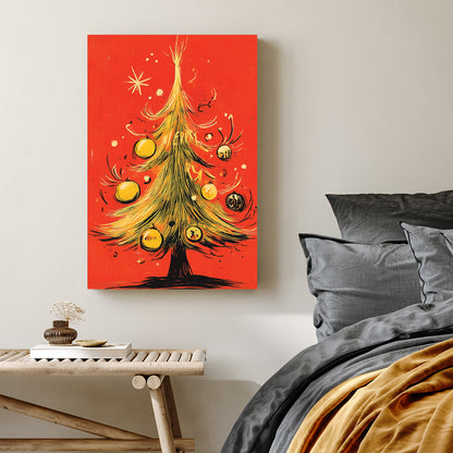 retro Christmas tree wall art on red background