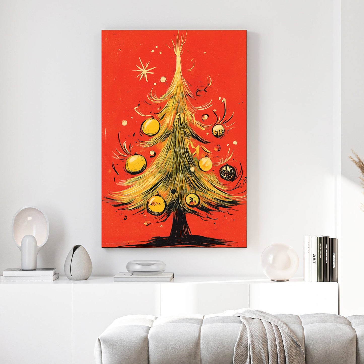 retro Christmas tree wall art on red background