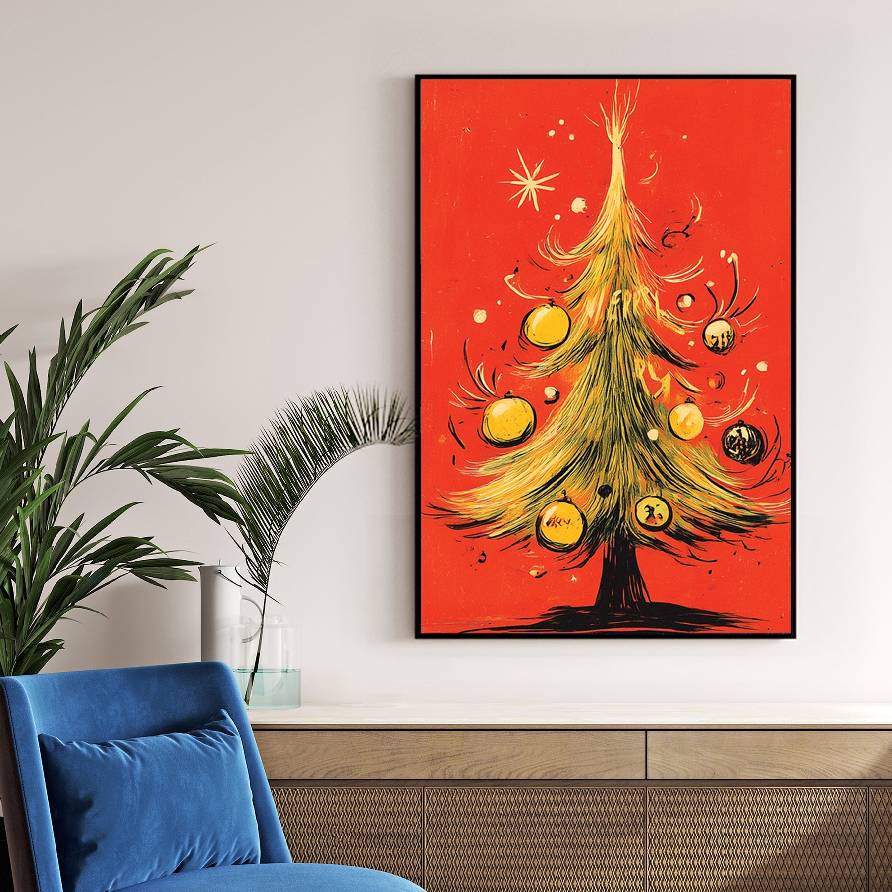 retro Christmas tree wall art on red background