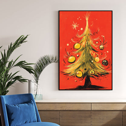 retro Christmas tree wall art on red background