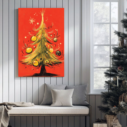 retro Christmas tree wall art on red background