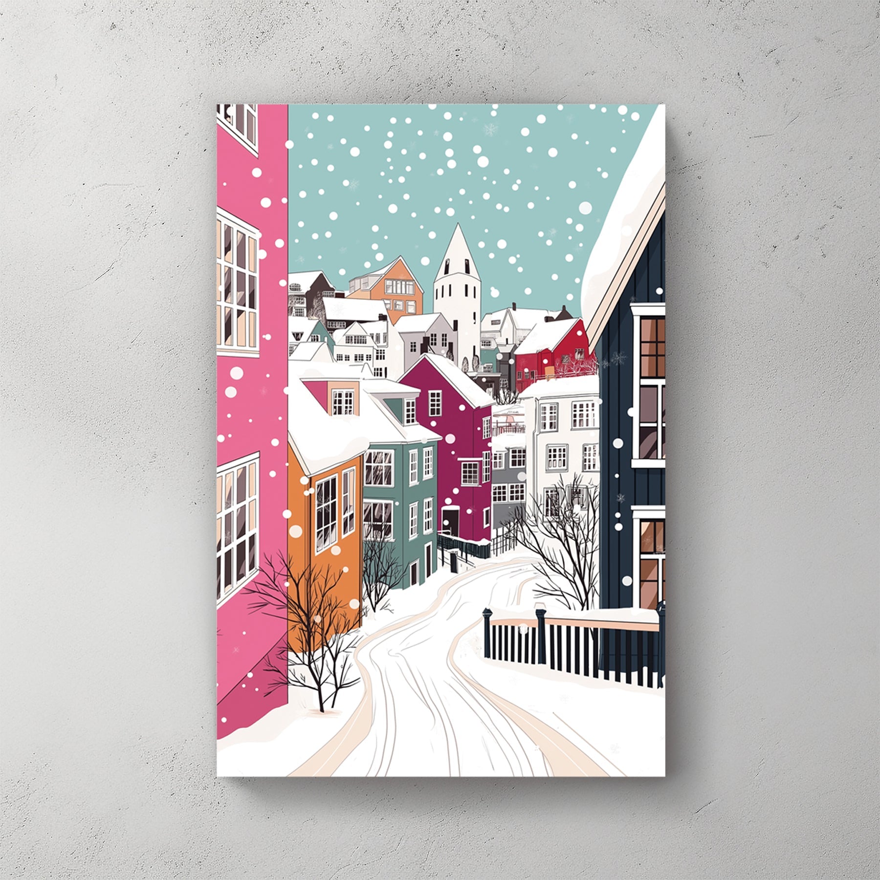 colourful winter village wall art with snowy houses