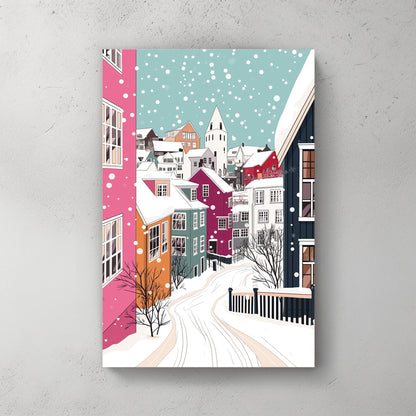 colourful winter village wall art with snowy houses