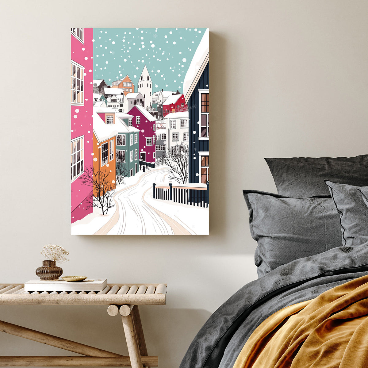 colourful winter village wall art with snowy houses