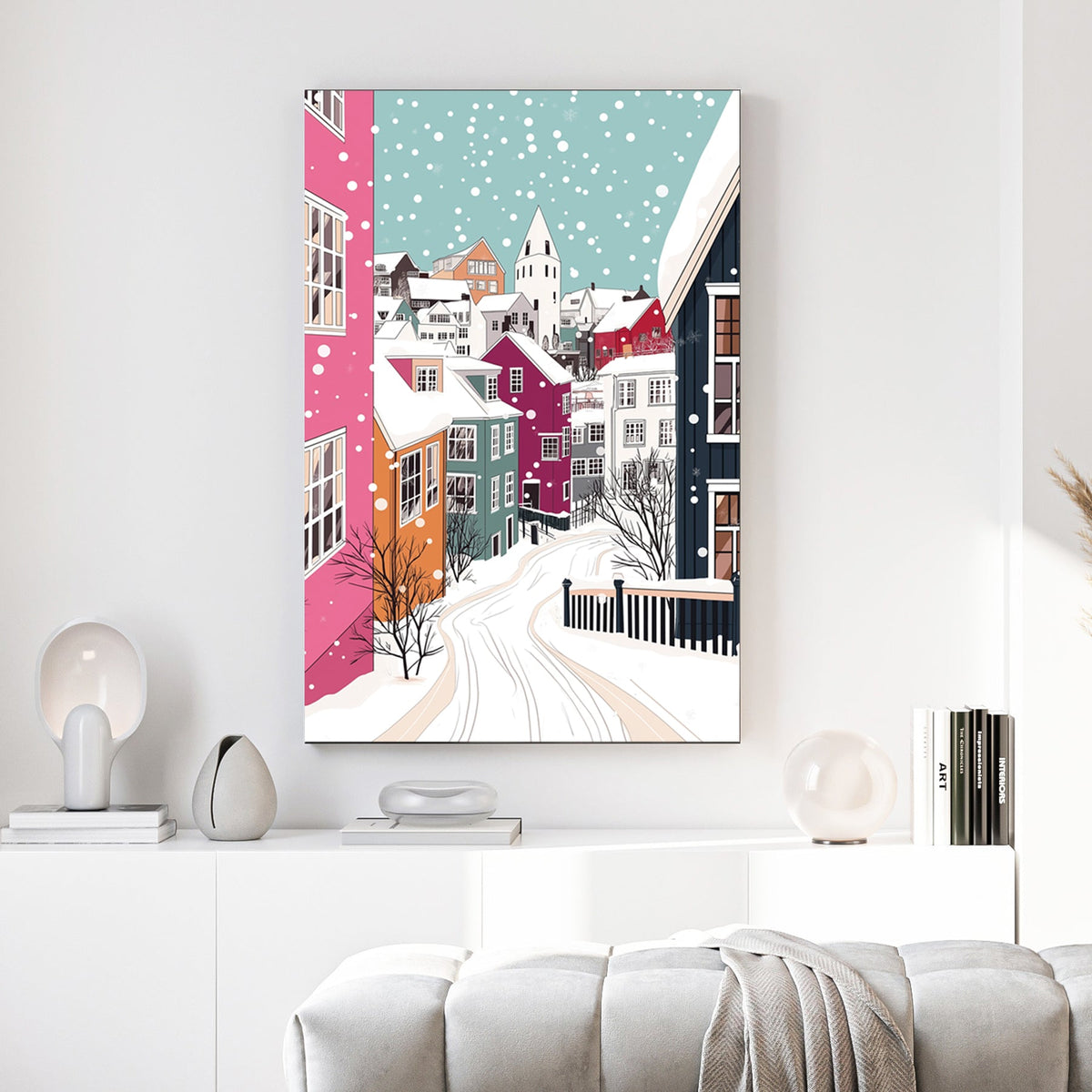 colourful winter village wall art with snowy houses