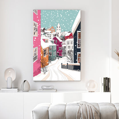 colourful winter village wall art with snowy houses